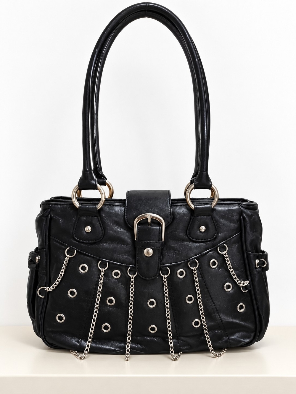Black Chain-Detail Satchel Handbag